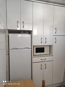 a kitchen with a white refrigerator and a microwave at Boa Vista Playa As Sinas en Vilanova de Arousa in Villanueva de Arosa