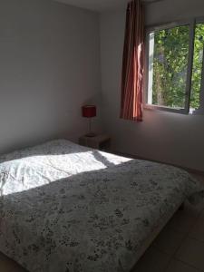 a bedroom with a bed and a window at Appartement cozy pour curistes et touristes in Salies-de-Béarn +3 photos