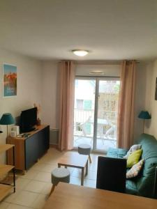 uma sala de estar com um sofá verde e uma televisão em Appartement cozy pour curistes et touristes em Salies-de-Béarn