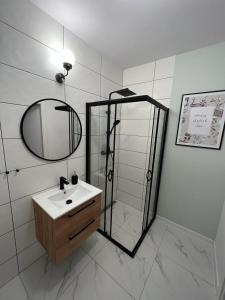 a bathroom with a sink and a shower with a mirror at Apartamenty Akademicka przy Onkologii 2 in Bydgoszcz