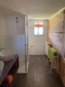 a bathroom with a shower and a sink and a mirror at Bauernhaus Cafrida in Flumserberg