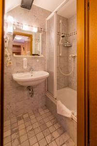 a bathroom with a sink and a shower and a tub at Hotel Goldener Hirsch in Suhl