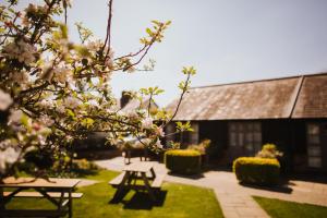 a garden with picnic tables and a building at The Fox at Willian in Letchworth