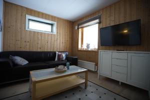 a living room with a couch and a flat screen tv at Small apartment Havøysund in Havøysund