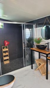 uma casa de banho com um chuveiro, uma mesa e um lavatório. em Villa piscine balnéothérapie entièrement privée em Barras