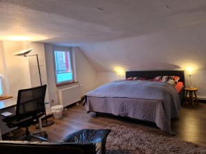 Schlafzimmer mit einem Bett, einem Schreibtisch und einem TV in der Unterkunft Schönste Lage am Rhein, behagliches Haus mit Kamin. in Köln