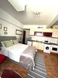 a bedroom with a bed and a kitchen at Apartament in Principe Real in Lisbon