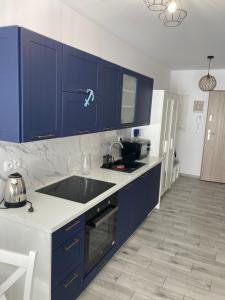 a kitchen with blue cabinets and a sink at Apartament 2B-4 Żarnowska in Żarnowska