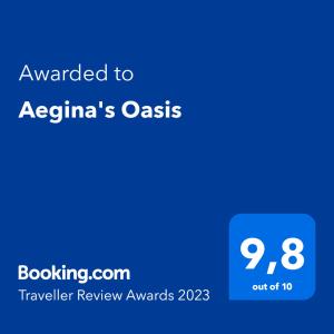 Certificate, award, sign, o iba pang document na naka-display sa Aegina's Oasis