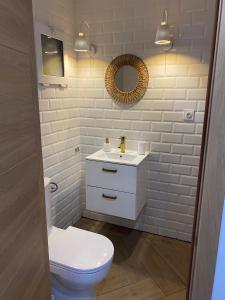 Un baño con inodoro, lavabo y espejo. en Everest Grao y Playa de Gandia, en Gandía