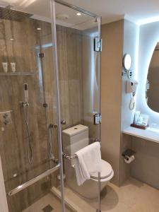 a bathroom with a shower and a toilet and a sink at Coral Strand Smart Choice in Beau Vallon
