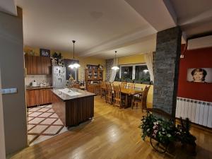 a kitchen and living room with a table and a counter at Villa Diana Apartments in Skopje