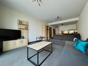 Aparthotel Altes Dresden في درسدن: غرفة معيشة مع أريكة وتلفزيون بشاشة مسطحة