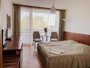 Habitación de hotel con cama, escritorio y mesa. en Riviera Park Hotel, en Balatonföldvár