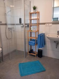 y baño con ducha, lavabo y alfombra azul. en Ferienbauernhof Neumühle, en Gappenach