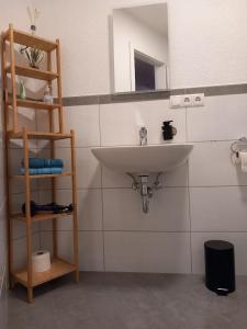 a white bathroom with a sink and a shelf at Ferienbauernhof Neumühle in Gappenach