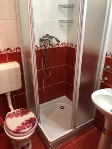 een badkamer met een douche, een toilet en een wastafel bij Hotel Parc in Alexandria