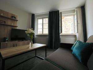 ein Wohnzimmer mit einem Sofa und einem TV in der Unterkunft Modernes Apartment mit Blick zur Frauenkirche in Dresden