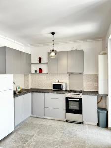 een keuken met witte kasten en een fornuis met oven bij Apartment Mara 2 in Timişoara