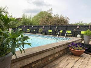 a swimming pool in a backyard with plants on a deck at Newsham Grange Farm in Thirsk
