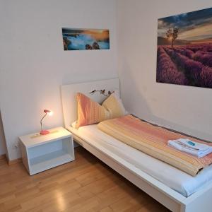 ein Schlafzimmer mit einem Bett mit einer Lampe und einem Gemälde in der Unterkunft good bed Niederbipp 13 in Niederbipp