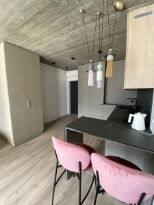 a kitchen with pink chairs and a black table at J. Ralio apartamentai (monkey) in Vilnius