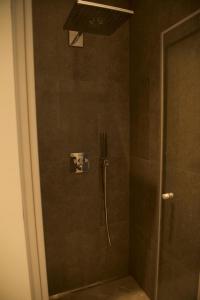 a shower with a glass door in a bathroom at J. Ralio apartamentai (monkey) in Vilnius