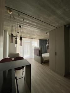 a living room with a dining table and a bedroom at J. Ralio apartamentai (monkey) in Vilnius