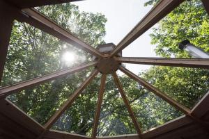 a view from the inside of a wooden roof at Romantic Treehouse with Hot Tub & BBQ Lodge in Praze an Beeble