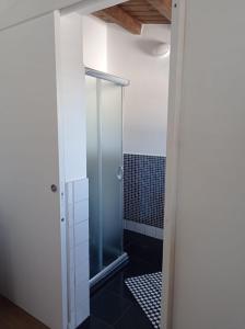 een badkamer met een douche en een glazen deur bij La Casetta in Santa Croce Camerina