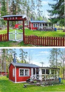 duas fotos de uma pequena casa vermelha com uma cerca branca em Eden (Natur & lugnet) em Örebro