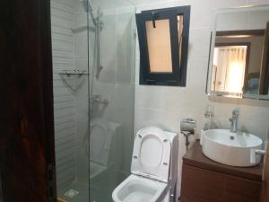 een badkamer met een toilet, een wastafel en een douche bij Aquaview in Bijilo