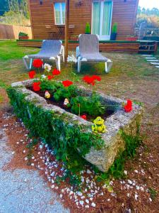 un jardin fleuri avec deux chaises et des fleurs rouges dans l'établissement Bungalow A Gandriña 2, à Ponte Do Porto