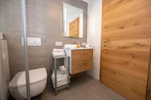 a bathroom with a toilet and a sink and a mirror at Alphirt Ferienwohnungen in Fischen +32 photos
