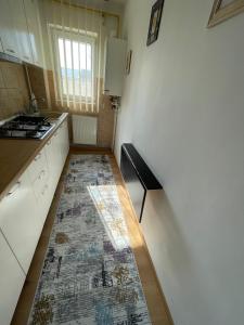 a kitchen with a rug on the floor in a room at Apartament Cina in Huşi