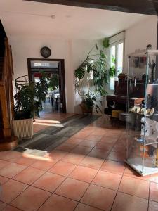 a room with potted plants and a grand piano at Hôtel Restaurant de l'Union in Mirambeau