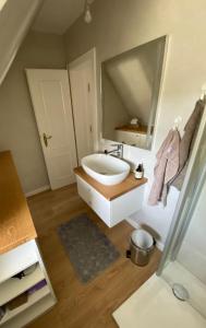 ein Bad mit einem Waschbecken und einem Spiegel in der Unterkunft Hochstieg 2 Nieblum Whg 7 in Nieblum