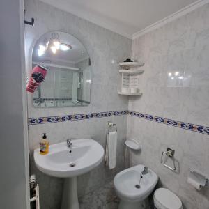 W łazience znajduje się umywalka, toaleta i lustro. w obiekcie Apartamentos Paz Ribadeo w mieście Ribadeo