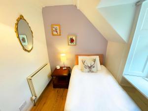 a small bedroom with a bed and a mirror at Catcune Superior Suite in Gorebridge