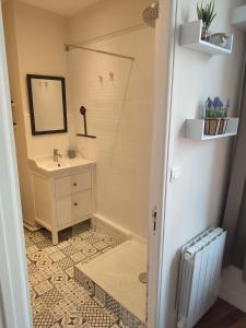 een badkamer met een wastafel en een spiegel bij Appartement au bord du lac in Bagnoles de l'Orne