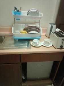eine Küchentheke mit einem Geschirrtrockner und Tassen in der Unterkunft Sofea Inn Bukit Merah - Suria A7727 in Kampong Selemat