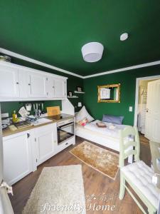 a kitchen with a bed and a green wall at Friendly Home - Einzelappartement "Grow" Köln Bonn Phantasialand in Brenig
