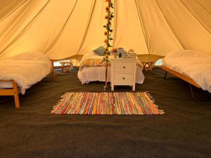 een kamer met 2 bedden en een tapijt in een tent bij Strawberry Fields Glamping at Cottrell Family Farm in Wokingham