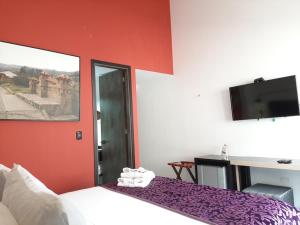 1 dormitorio con 1 cama, escritorio y TV en Posada LA MARIÑERA, en Tibasosa