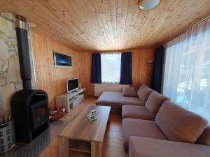 ein Wohnzimmer mit einem Sofa und einem TV in der Unterkunft Ferienhäuser & Bungalows - Naturcamp Meyersgrund im Thüringer Wald in Ilmenau