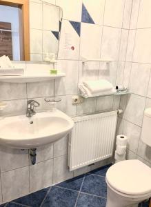 ein Badezimmer mit einem weißen WC und einem Waschbecken in der Unterkunft Gasthof 'Zum alten Turm' in Haslach an der Mühl