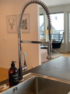 a kitchen sink with a soap dispenser sitting next to two faucets at Åre Travel - Villa & lilla Solbringen in Åre