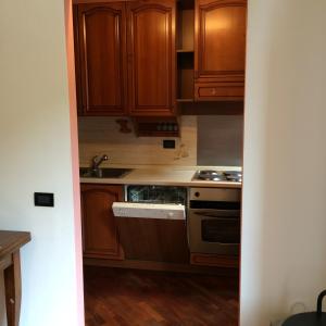 uma cozinha com armários de madeira, um lavatório e um fogão em Ampio monolocale em Brescia
