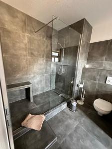 bagno con doccia in vetro e servizi igienici di Gästehaus Glücksmoment a Erfurt