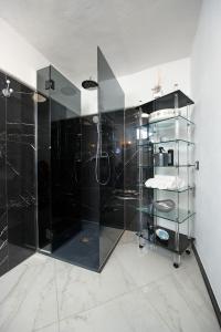 y baño con ducha con pared de cristal. en Villa Albaluce, en Caluso